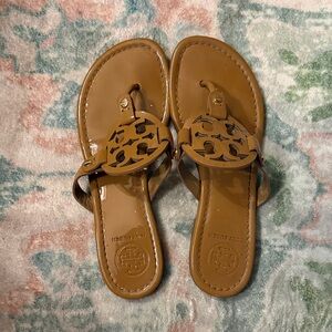 Tory Burch Tan Patent Leather Logo Thong Sandals